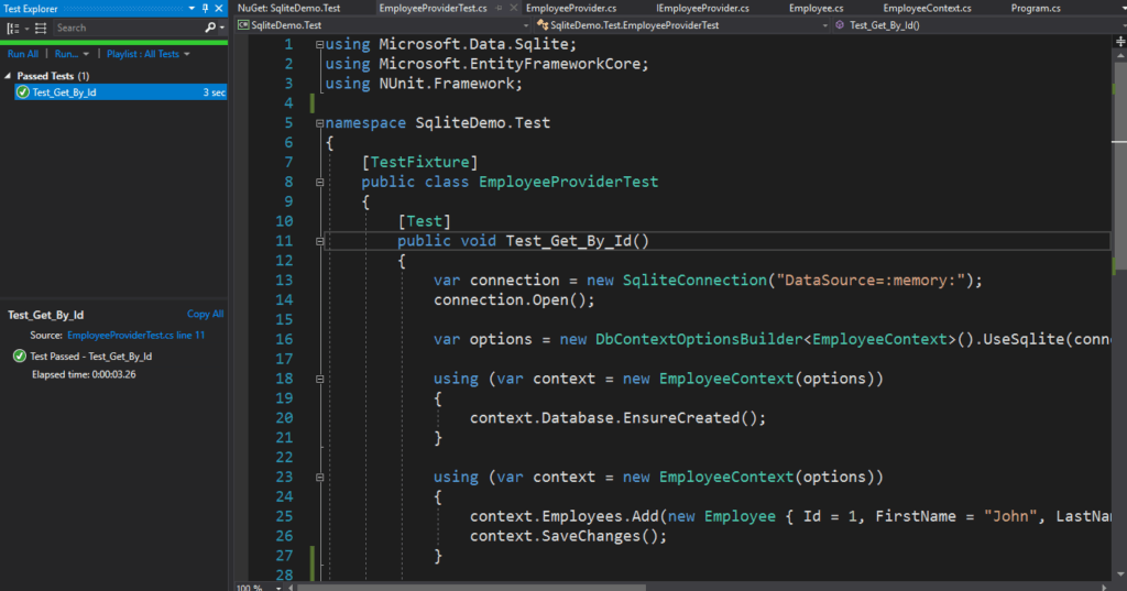 SQLite database and .Net Core application - A unit test usecase