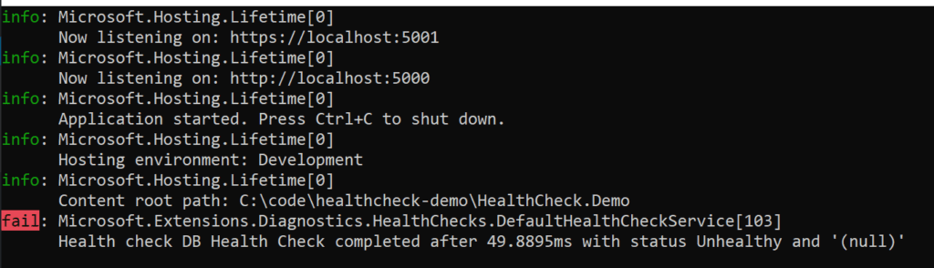 Health checks in asp.net core console response