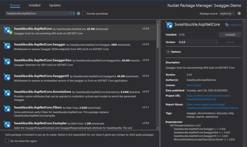 swagger in asp.net core nuget package